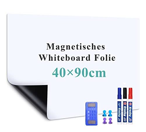 Warasee Magnetisches Whiteboard Folie, 40*90cm Magnetfolie Selbstklebend Weiß, Abwischbare Magnet-Tafel, a3/a4 Leicht Zugeschnitten, für Startseite Schule, mit Markers & Whiteboard Schwamm & Magnetes