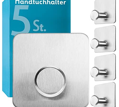 4smile Handtuchhalter ohne Bohren – 5 Stück Edelstahl Haken selbstklebend mit 3M-Klebepads – 100% feuchtraumtauglich, Klebehaken ideal als Handtuchhaken