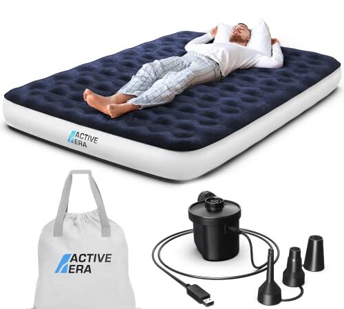 Active Era Luxus Camping Doppel Luftbett mit elektrischer Luftpumpe - Luftmatratze für 2 Personen mit tragbarer Akku Luftpumpe, USB Ladekabel und Tragetasche - 150 x 203 x 22 cm