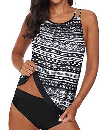 BLENCOT Damen Tankini Bauchweg Zweiteilig Tankini Set Zweiteiliger Badeanzug mit Muster A-2 XXL