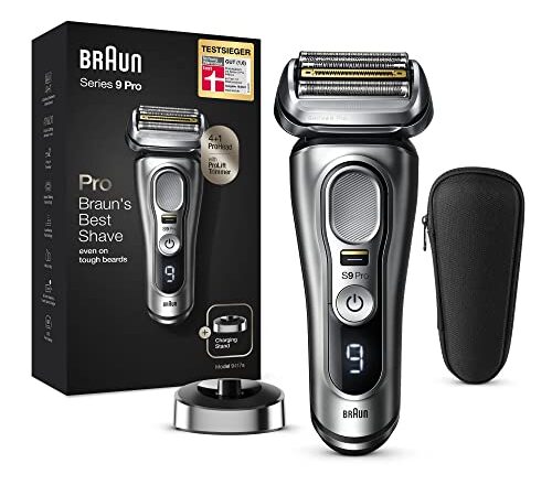 Braun Series 9 Pro Premium Rasierer Herren mit 4+1 Scherkopf, Elektrorasierer & ProLift Trimmer, Ladestation, 60 Min Akkulaufzeit, Wet & Dry für 1-, 3- und 7-Tage-Bart, Geschenk Mann, 9417s, silber