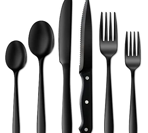 CISAY Besteck Set für 6 Personen,36 Teilig Edelstahl Essbesteck Set,Besteck inkl.Messer/Gabel/Löffel/Steakmessern,Spiegelpoliert, Spülmaschinenfest (Schwarz)