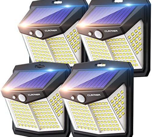 Claoner Solarlampen für Außen,【128 LED 4 Stück】Superhelle Solarleuchte Aussen mit Bewegungsmelder 3 Modi Solarlicht 270° Beleuchtungswinkel IP65 Wasserdichte Solar Wandleuchte für Garten