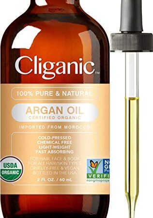 Cliganic Arganöl Bio, 100 % Rein, 60ml | Marokkanisches Arganöl für Haare, Gesicht & Haut | Natürliches kaltgepresstes Trägeröl