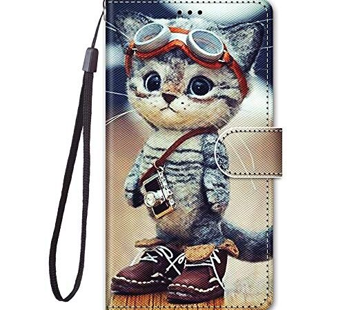 Everainy Kompatibel für Samsung Galaxy A7 2018 Hülle Silikon PU Leder Case Flip Stoßfest Bumper Kartenfach Brieftasche Magnetisch Klappbar Muster Cover Wallet Hüllen Handyhülle (Katze)