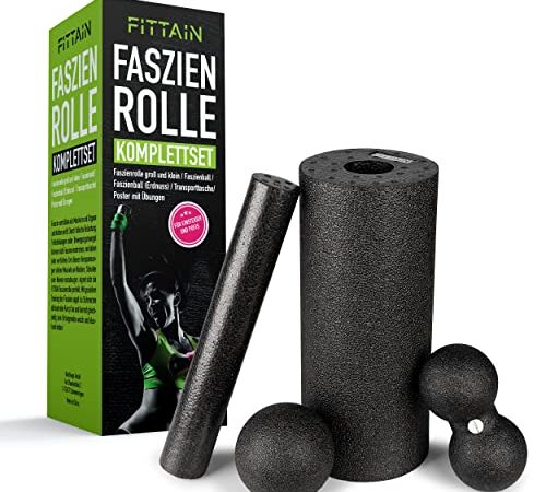 FITTAIN® Komfortables Faszienset – [5] teilige Faszienrolle Set für Anfänger – Fazienrollen Set bestehend aus Ball, Twinball und [2] Rollen -Inkl. Transporttasche und praktischen Übungsposter