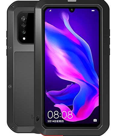 FONREST Ganzkörper Hülle für Huawei P30 Lite, Love MEI 6,15-Zoll Schwerlast Hybride Aluminium Metall Stoßfest Schneesicher Staubdicht Case mit Hartglas, Unterstützt Wireless Charging (Schwarz)