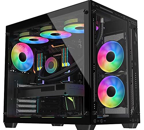 Gaming PC Gehäuse, Front- und Seitenteile aus gehärtetem Glas,360 Wasserkühlung 10*120mm ARGB-Lüfter kompatibel für ATX-M/ATX (Black)