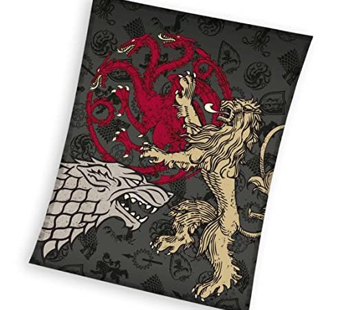 Große Kuscheldecke Game of Thrones Decke · 150x200 cm · Motiv mit Targaryen Stark und Lennister · Flauschige Tagesdecke GOT aus 100% Polyester