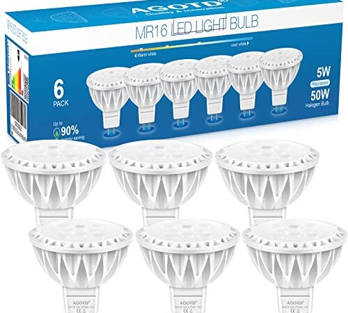 GU5.3 MR16 LED Spot Lampe, AGOTD 5W 2700K Warmweiß 500LM ersetzt 50 Watt Halogenstrahler, LED Strahler 38°Abstrahlwinkel 12V AC/DC Glühbirne Led, 6er Pack