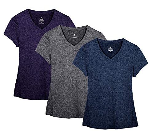 icyzone Damen Sport Fitness T-Shirt Kurzarm V-Ausschnitt Laufshirt Shortsleeve Yoga Top 3er Pack (L, Royal Blue/Purple/Charcoal/)