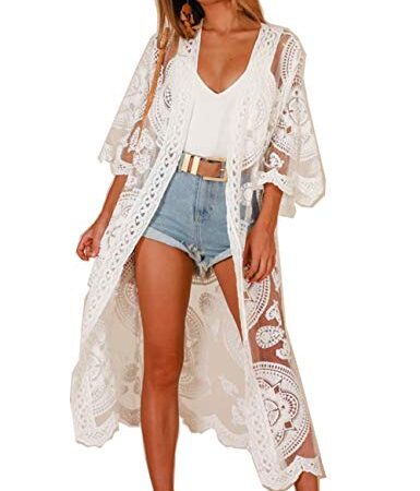 JDiction Damen Badeanzug Kimono Langes Strandkleid Blumenmuster Spitze Bikini Badeanzug