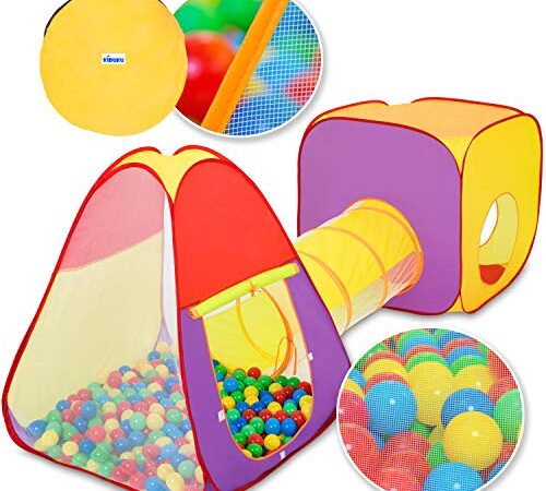 KIDUKU® 3-teiliges Bällebad Spielzelt Babyzelt + Krabbeltunnel + 200 Bälle + Tasche für drinnen und draußen