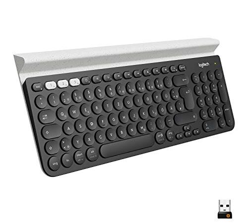 Logitech K780 Kabellose Tastatur, Bluetooth & 2.4 GHz Verbindung, Multi Device & Easy-Switch Feature, Integrierte Halterung, PC/Mac/Tablet/Smartphone, Deutsches QWERTZ-Layout - Dunkelgrau/Weiß