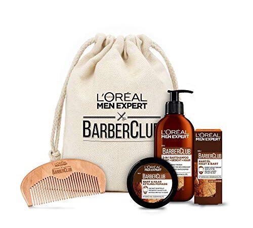 L'Oréal Men Expert Bartpflege Set mit Bartöl, Bartshampoo, Bartkamm und Bart Styling Pomade, Barber Club Premium Geschenkset, 1 x 633 g