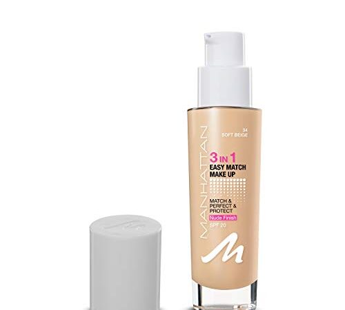 Manhattan 3in1 Easy Match Make-up, Flüssig Foundation für helle Haut mit LSF 20, Farbe Soft Beige 34, 1 x 30ml