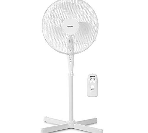 MEDION Standventilator mit Fernbedienung, drei Geschwindigkeitsstufen, 45 Watt Leistung, 36 cm, Schwenkfunktion, Oszillation, verstellbare Höhe, MD18795, weiß