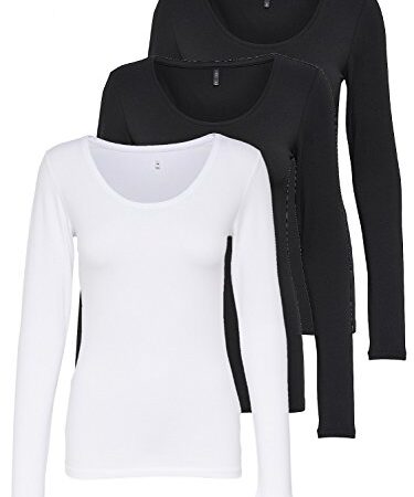 ONLY 3er Pack Damen Langarmshirt schwarz und weiß Langarm Basic Longsleeve Sommer aus 95% Baumwolle XS S M L XL 15209156