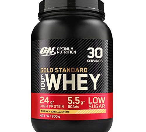 Optimum Nutrition ON Gold Standard Whey Protein Pulver, Eiweißpulver zum Muskelaufbau, natürlich enthaltene BCAA und Glutamin, French Vanilla Crème, 30 Portionen, 900g, Verpackung kann Variieren