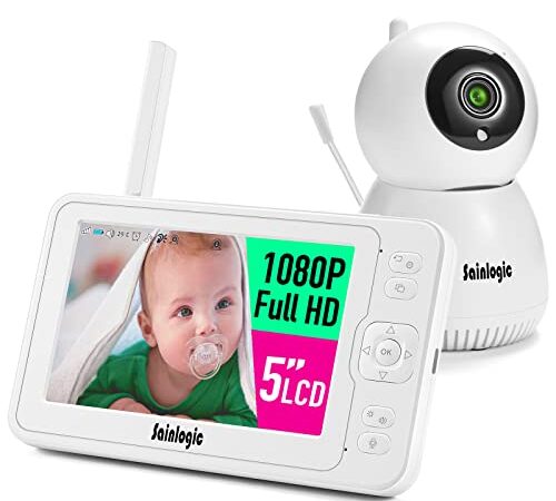 sainlogic Video Babyphone mit Kamera,1080P FHD 5 Zoll LCD-Display,Tag- und Nachtansicht,140m Reichweite,Weitwinkelobjektiv,Weckfunktion,Temperatursensor, Weiß