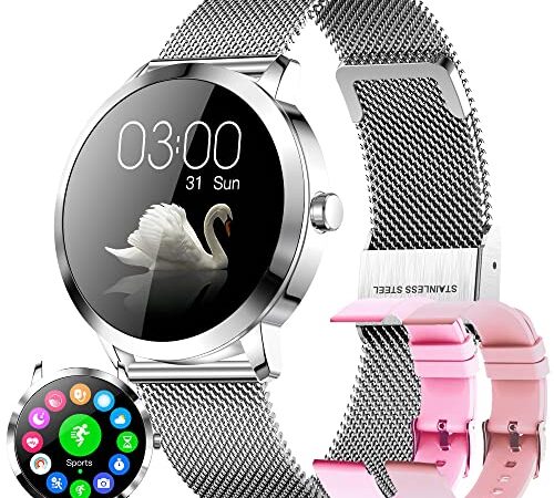 Smartwatch Damen, Fitness Armbanduhr 1.09 Zoll Touchscreen Fitness Tracker mit Pulsuhr Fitnessuhr Sportuhr mit Herzfrequenzmessung IP68 Wasserdicht Stoppuhr Smart Watch für Android iOS (Silber)