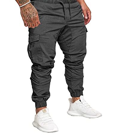 SOMTHRON Herren Elastische Taille Gürtel Baumwolle Jogging Sweat Hosen Plus Size Mode Lange Sports Cargo Hosen Shorts mit Taschen Joggers Activewear Hosen, Dark Grey, L