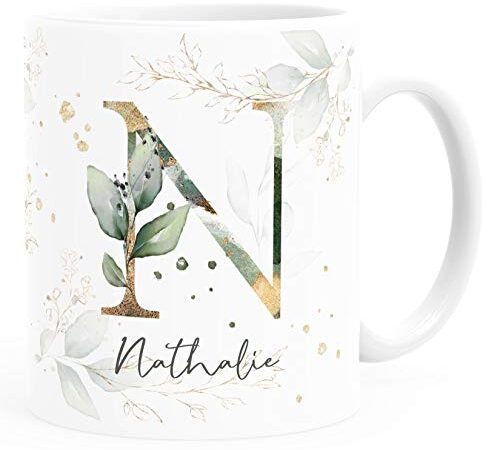 SpecialMe® Kaffee-Tasse mit Buchstabe Monogramm personalisiert mit Wunschname Initiale Blätter-Motiv persönliche Geschenke weiß Keramik-Tasse