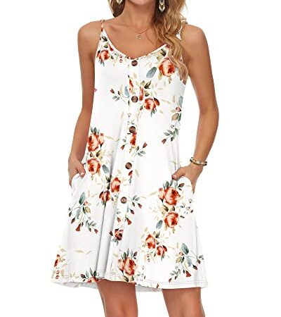 WNEEDU Damen Kleid Sommer Spaghettiträger Sommerkleid Kurze Strandkleider V Ausschnitt Leichte Freizeitkleid mit Taschen Rose Weiß S