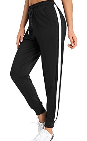 BENNIES Jogginghose Damen Lang Sporthose Frauen Damenhose mit Gummizug Warme Freizeithose Relaxhose Trainingshose Sportbekleidung Yoga Hose Sweatpants mit Streifen für Sport Freizeit Schwarz L