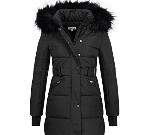 Elara Damen Steppjacke Winterjacke Kunstfellkragen Schwarz Chunkyrayan EL-JA02 Black/Black-46 (3XL)