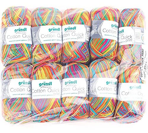 Gründl Cotton Quick Print Strickgarn/Häkelgarn (farbenfrohes Garn aus 100% Baumwolle, OEKO-TEX zertifiziert, 50 g / 125 m, Nadelstärke: 3 - 4, 10 x 50 g), Carneval Multicolor, 35 x 24 x 7 cm