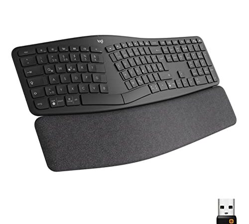 Logitech ERGO K860 kabellose ergonomische Tastatur – geteilte Tastatur, Handballenauflage, natürliches Tippen, schmutzabweisendes Material, Bluetooth und USB-Verbindung, kompatibel mit Windows/Mac