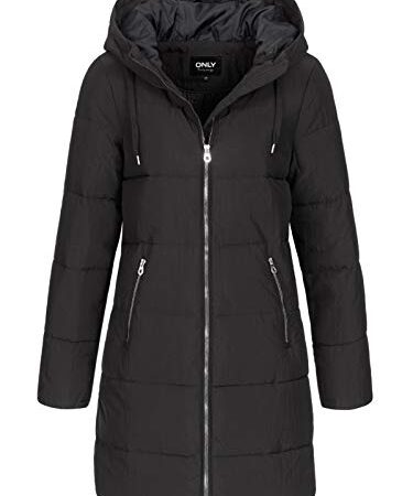 ONLY Damen Lange Puffer Jacke | Warmer Stepp Wintermantel mit Kapuze | Wattierter Blouson ONLDOLLY, Farben:Schwarz, Größe:L