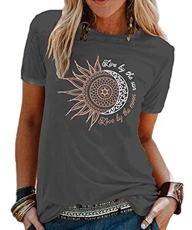 Abtel Sommer Damen T-Shirt Sunflower Print Muster Kurzarm Rundhalsausschnitt Basic Kurzarm Lose Damen Rundhals Casual Top M 1# dunkelgrau