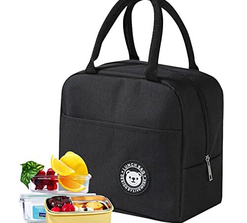 Amfrpar Kleine Kühltasche Faltbar Mini Lunchtasche Wasserdicht Lunchbag mit Reißverschluss Picknick Handtasche Isoliertasche Thermotasche für Unterwegs Arbeit Schule Damen Herren (6L, Schwarz)