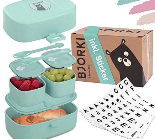 BJORKI® Bento Box für Kinder inkl. Bonus Namensticker - Auslaufsichere Lunchbox mit Fächern - Nachhaltige Brotdose Kinder für Kindergarten & Schule - Die Jausenbox für unterwegs.