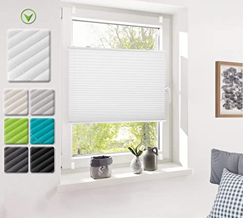 Deswell Plissee Rollo Jalousie ohne Bohren Klemmfix für Fenster & Tür Weiß 100 x 120 cm, Plisseerollo Stoff Sonnenschutz leicht zu Montieren & Verspannt 4 Locks