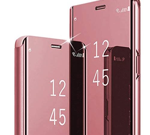 Für Samsung Galaxy S9 Plus Hülle Galaxy S9 Plus Handyhülle Spiegeln Leder Flip Hülle Ständer Clear View Spiegel 360 Grad Tasche Schutzhülle mit Standfunktion Handyhülle (Rosé Gold)