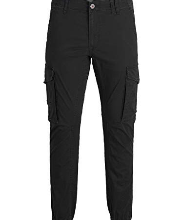 Herren Jack & Jones Hose Cargo Jogger Pants Paul Flake AKM 542 Twill Gummibund, Farben:Schwarz, Größe Hosen:31W / 32L