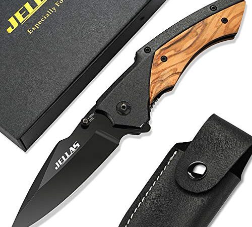 Jellas Klappmesser mit Spitzer und Gürteltasche, Taschenmesser mit Schwarz Beschichteter 9Cr18-Klinge, Outdoor Messer für Camping, Jagd, Angeln mit Holzgriff, KN02