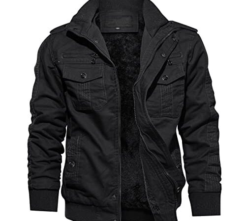 KEFITEVD Übergangsjacke Herren Fleece Gefüttert Fliegerjacke Warme Herbstjacke US Army Feldjacke Retro Bomberjacke Winter Männer Blouson Jacke Schwarz L