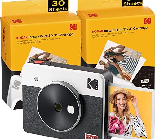 Kodak Mini Shot 3 Retro Tragbare Kabellose Sofortbildkamera und Fotodrucker, iOS & Android, Bluetooth, 76 x 76 mm, 4Pass-Technologie, 68 Blatt – Weiß