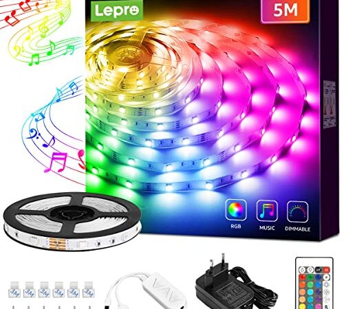 Lepro LED Strip 5M, LED Streifen Musik Lichterkette mit Fernbedienung, 5050 SMD 150 LEDs Band Lichter, RGB Dimmbar Lichtleiste Light, Lichtband Leiste, Bunt Kette Stripes für Party Weihnachten Deko