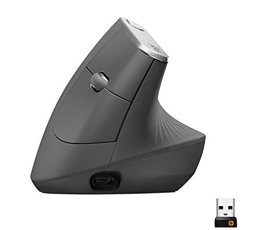 Logitech MX Vertical, Ergonomische Kabellose Maus, Bluetooth und 2.4 GHz Verbindung via Unifying USB-Empfänger, 4000 DPI Sensor, Wiederaufladbarer Akku, 4 Tasten, Multi-Device, PC/Mac/iPadOS - Schwarz