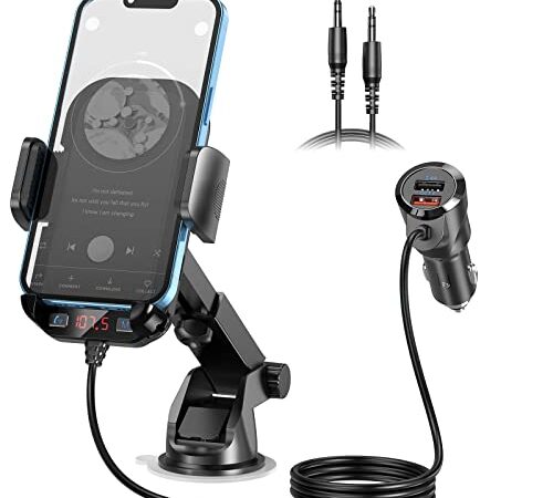 Magift Bluetooth Adapter Auto-3 in1 Bluetooth FM Transmitter mit Telefonhalterung Unterstützt QC3.0 Aufladen, stärkeres Mikrofon und verbesserte FM Übertragung sind in den FM Transmitter integriert.