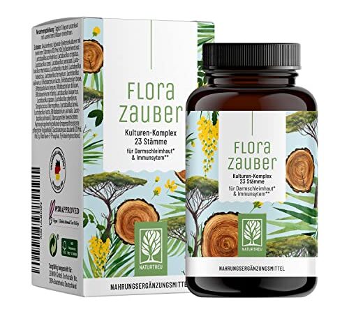 NATURTREU® Florazauber Kulturen Komplex mit 100 Mrd. KBE / g - 23 Bakterienstämme ohne Inulin - Darmbakterien * magensaftresistent & vegan u.a. mit Lactobacillus & Bifidobakterien, 60 Kapseln