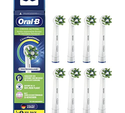 Oral-B CrossAction Aufsteckbürsten für elektrische Zahnbürste, 8 Stück, ganzheitliche Mundreinigung mit CleanMaximiser-Borsten, Zahnbürstenaufsatz für Oral-B Zahnbürsten