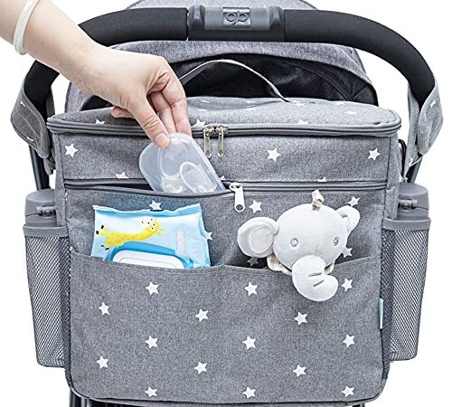 Orzbow XL Buggy Organizer Taschen,22 L Großer Kinderwagen Windel Organizer mit Getränkehaltern und Schulterriemen verwendet als Mom Handtasche & Schultertaschen & Backbag (Grau)