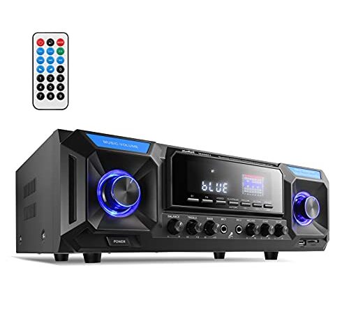 Power Amplifier Bluetooth, Moukey 5.0 Karaoke Audio Leistungsverstärker Spitzenleistung 300 W Heimkino-Stereoempfänger USB, SD, FM, 2 Mikrofon-Echo, Cinch, LED für Studio, Heimgebrauch -MAMP7