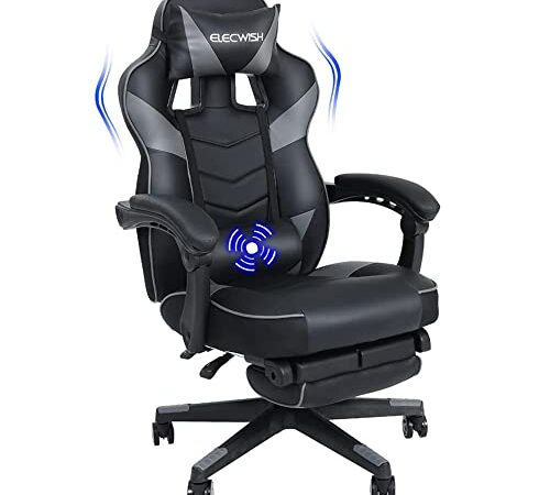 PULUOMIS Gaming Stuhl, Bürostuhl mit Fußstütze, Racing Stuhl Gaming, PC-Stuhl, Drehbar Hochenverstellbar, 90-150° Rückenlehne Verstellbar, Abnehmbare Kopfstütze, Lendenkissen, Ergonomisch, Grau